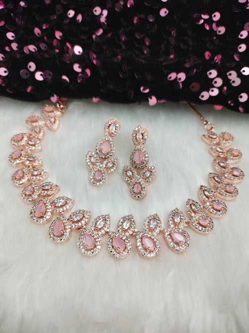 N01188_Grand Lovely designer Rose Gold polished Necklace Set  embellished with American diamond stones with delicate Pink Stones .