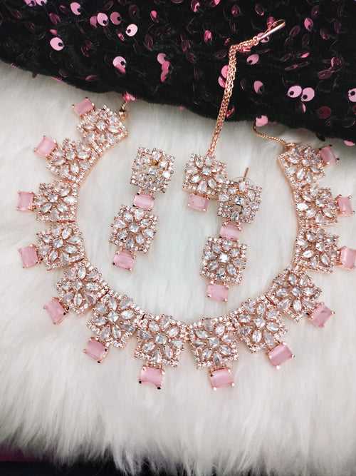 N01189_Grand Lovely designer Rose Gold polished Necklace Set  embellished with American diamond stones with delicate Pink Stones .