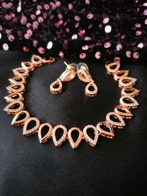 N01200_Elegant design Rose Gold Polished American Diamond choker necklace studded with beautiful dazzling stones with delicate white work.
