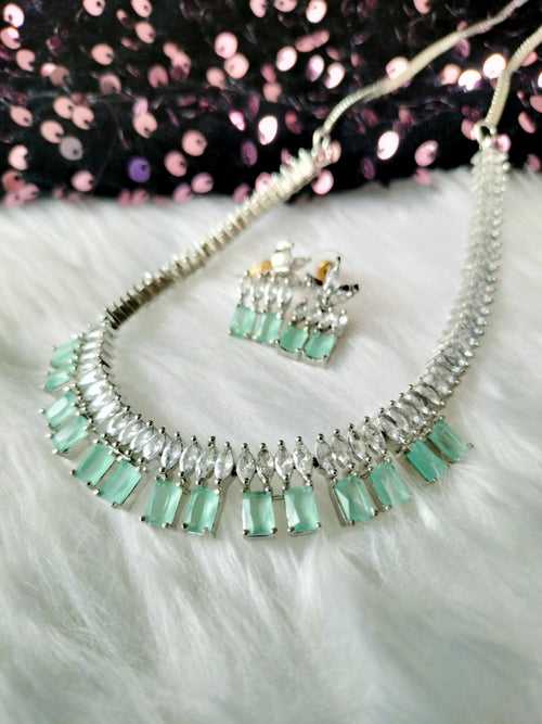 N01251_Gorgeous  designer silver polished american diamond embellished necklace set with a touch of  mint green stones.