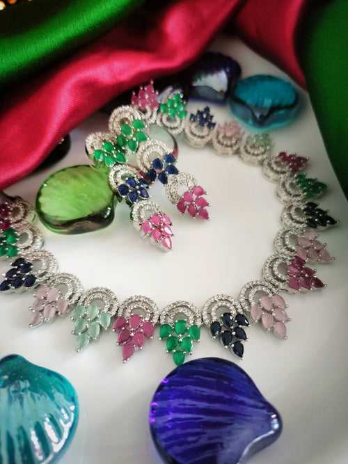 N03006_Classic Silver polished choker style flower crafted design necklace set embellished with  multicolor stones .
