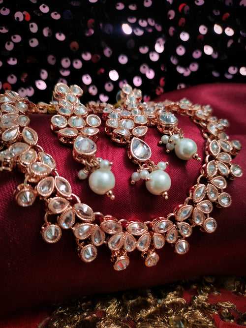 N03014_Lovely designer Rose polished choker necklace embellished with American diamond stones with delicate white stone work.