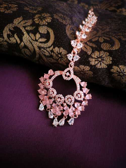 M043_Lovely designer  American diamond studded rose gold polished Maang tika with a touch of pink stones.