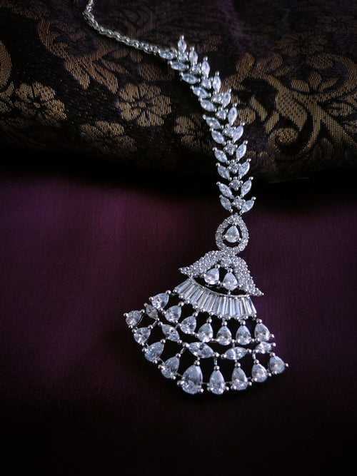M057_Lovely designer  American diamond studded silver polished Maang tika with a touch of white stones.