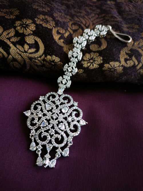 M052_Lovely designer  American diamond studded silver  polished Maang tika with a touch of white stones.
