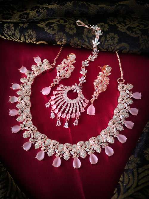 N03027_Gorgeous  designer rose gold american diamond embellished necklace set with a touch of  pink stones.