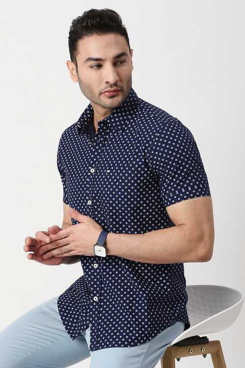 Slim Fit Cotton Poplin Printed Halfsleeves Shirt