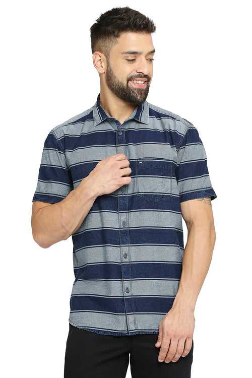 Slim Fit Cotton Indigo Twill Weft Stripe Halfsleeves Shirt