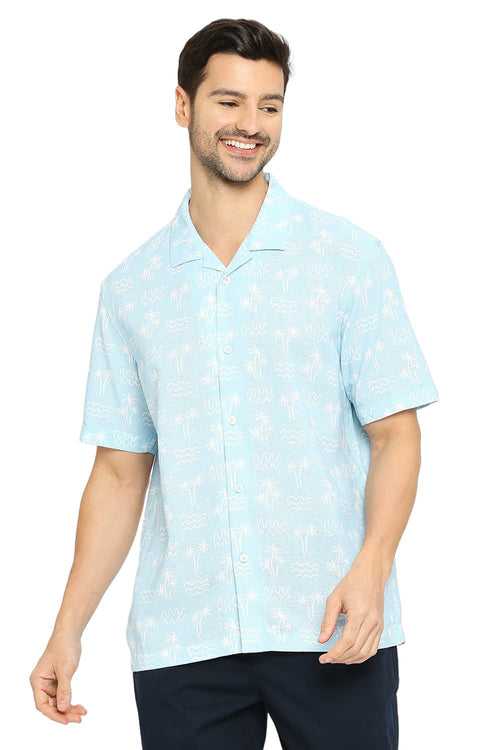 Basics Relaxed Fit Cotton Hopsack Printed Halfsleeves Shirt