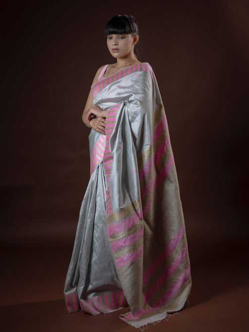 Silver Paat Silk Saree