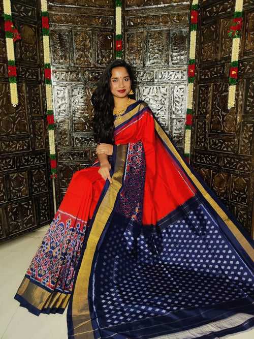 Pure Pochampally Ikkat Silk Saree With Blouse Pthani Pattern  Border.