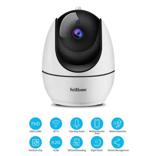 Smiledrive SriHome Pan Tilt Zoom WiFi IP CCTV Camera Full HD P2P Security Cam 1080p, 2MP, 128GB MicroSD Card Slot – SH026
