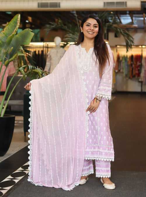 Mulmul Cotton Yami Lilac Kurta With Mulmul Cotton Yami Lilac Pant