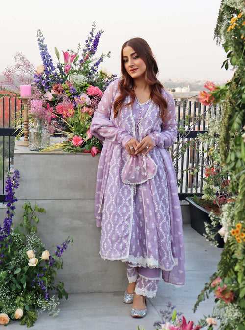 Mulmul Organza Kira Lavender Anarkali Kurta With Mulmul Cotton Kira Lavender Pant