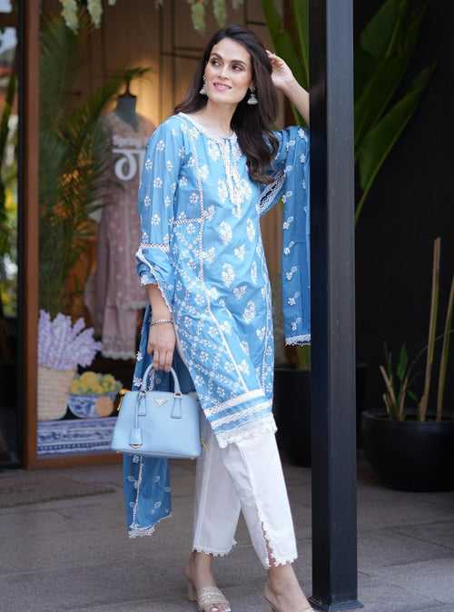 Mulmul Cotton Darya Denim Kurta With Mulmul Cotton Floral Ladder Slim White Pant