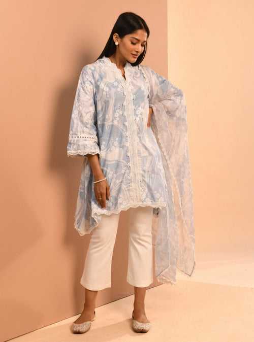 Mulmul Cotton Marble Wyn Blue Kurta