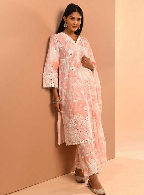 Mulmul Cotton Marble Opal Pink Kurta With Mulmul Opal Pink Pant