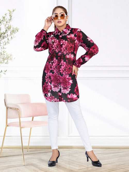 Women's Regular Fit Floral Printed Collar Neck Casual Long Shirts for Ladies & Girls