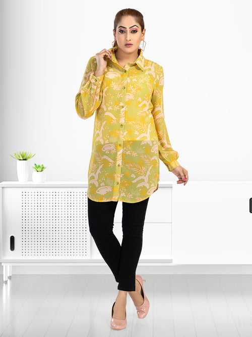 Women's Regular Fit Floral Printed Collar Neck Casual Long Shirts for Ladies & Girls