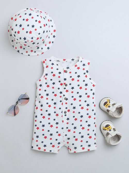 Multi Star Print Sleeveless Half Romper With Hat For Baby Boy.