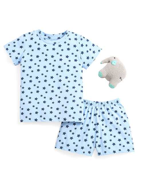 Blue Star Print Night-Suit For Kids Boy.