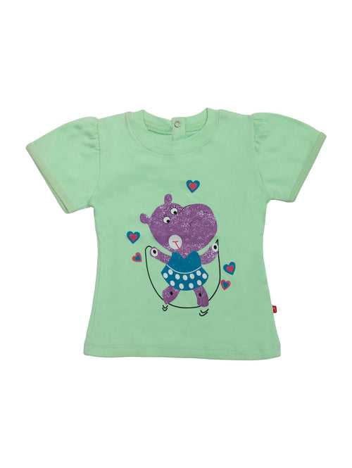 Round Neck Short Sleeve Cartoon Print Light Green T-Shirt For Baby Girls