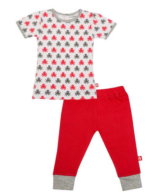 Round Neck Half Sleeve Octopus Print Top & Plane Red legging Top & Bottom Set for Baby Girls