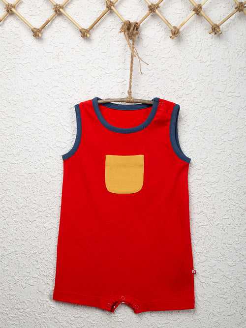 Round Neck Red Color Sleeveless Romper With Pocket For Unisex Baby