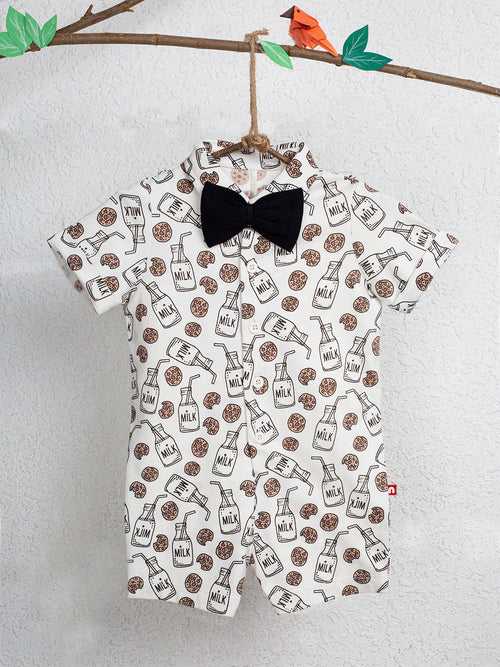 Short Sleeve White Color Milk & Cookies Print Half Romper With Bow For Baby Boy