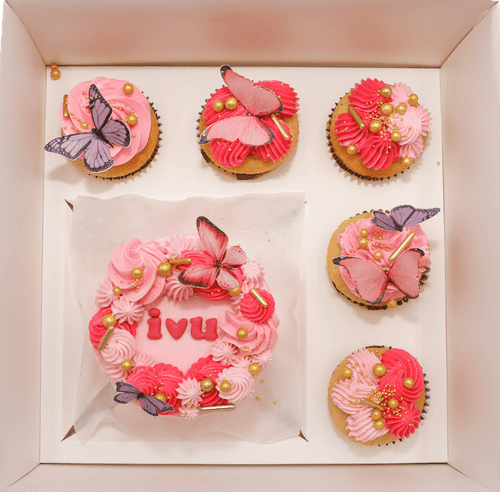 Pink Butterflies Bento Box Cake & Cupcakes