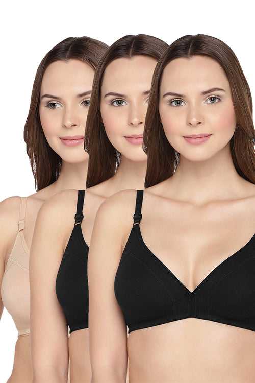 Organic Cotton Antimicrobial Seamless Triangular Bra with Supportive Stitch (Pack of 3)-ISB099-_Black_Black_Skin-