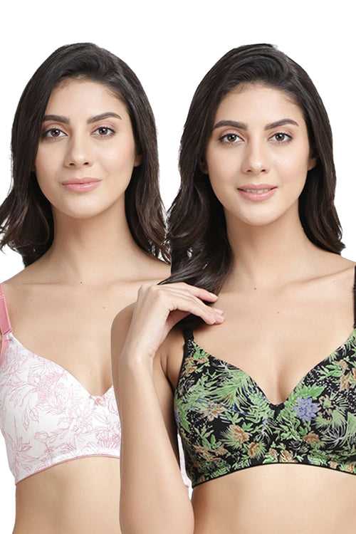 Organic Cotton  Antimicrobial Wire-free Padded Bra (Pack of 2)-ISB068-Coral Pink_Jungle Print-