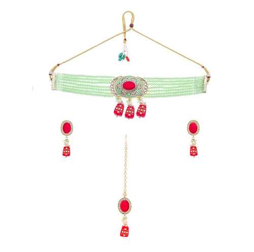 Yellow Chimes Jewellery Set for Women | Traditional Green Pink Beads Choker Necklace Set | Ethnic Gold Plated Choker Set for Girls Birthday Gift for Girls and Women | Anniversary Gift for Wife