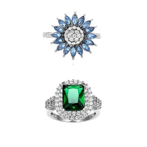 Yellow Chimes Rings for Women Combo of 2 PCs Rings Rhodium Plated Blue Green Crystal Studded Finger Rings for Women and Girls.