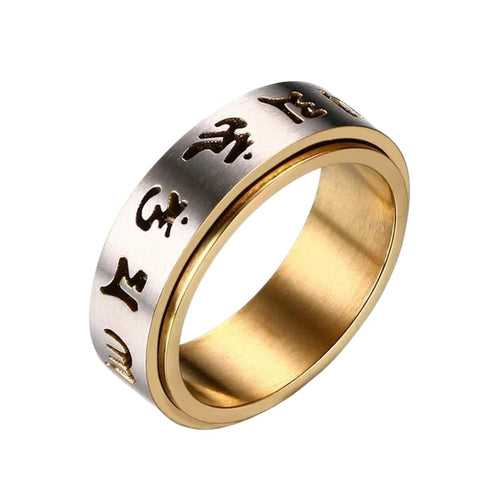 Yellow Chimes Religious Lucky Transfer Rotatable six Words Mantra Stainless Steel Spinner Pattern Rings for Men and Boy's