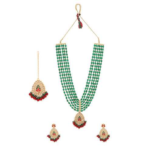 Yellow Chimes Jewellery Set For Women Multilayered Green Beads Necklace Set Traditional Gold Plated Long Necklace Set I Ethnic Kundan Beads Birthday Gift for Girls & Women Anniversary Gift for Wife
