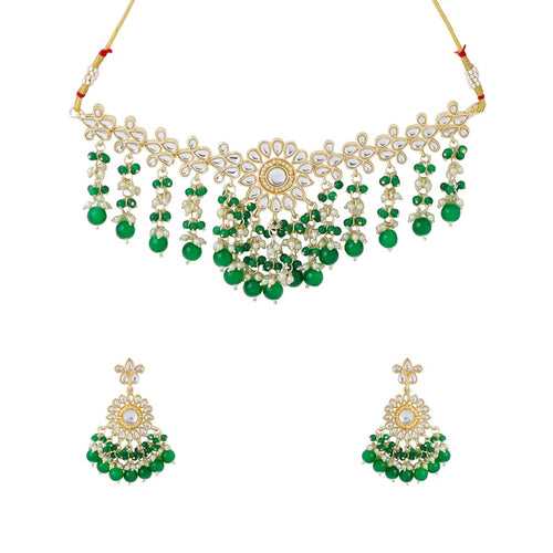 Yellow Chimes Jewellery Set for Women and Girls Traditional Kundan Necklaces Set | Gold Plated Green Beads Drop Kundan Set | Birthday Gift for girls and women Anniversary Gift for Wife