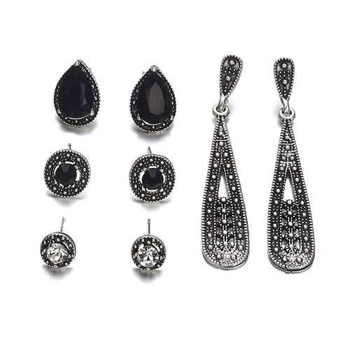 Yellow Chimes Combo of Four Pairs Black Stone Oxidized Silver Crystal Studs Dangle Earrings For Women And Girl's