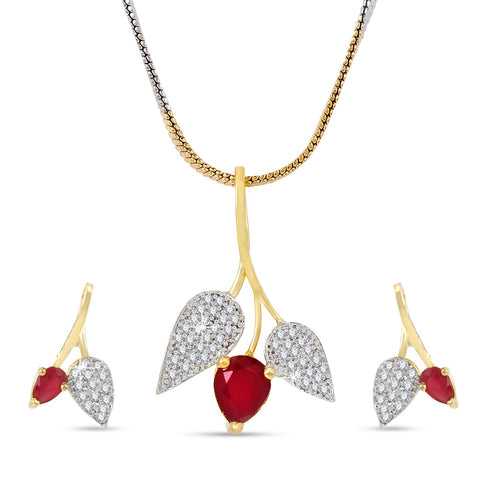 Yellow Chimes Classic Pink AD/American Diamond Studded 18K Gold Plated Designer Leafy Pendant Set with Earrings for Women & Girls
