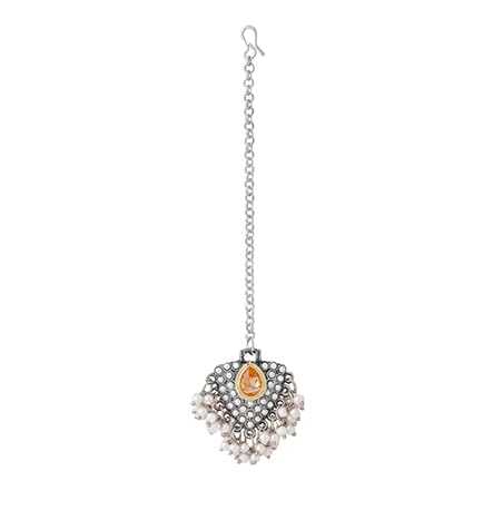 Yellow Chimes Maang Tikka for Women Oxidised Silver Plated Studded Beads Drop Maangtikka for Women and Girls