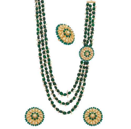 Yellow Chimes Jewellery Set For Women Multilayered Green Beads Necklace Set Traditional Gold Plated Long Necklace Set I Ethnic Kundan Beads Birthday Gift for Girls & Women Anniversary Gift for Wife