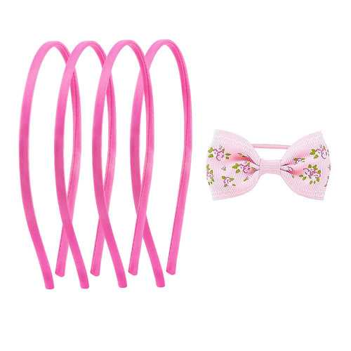 Melbees by Yellow Chimes Combo of 4 Pink Hair Band 1 Bow Rubber Band Set Hairband for Girls Kids Head Bands for Girls Kids & Toddlers