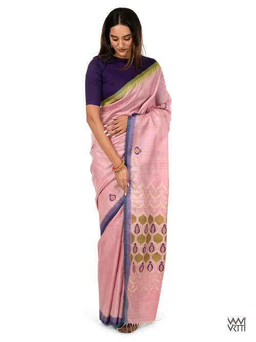 Baby Pink Pomegranate Jaal Exclusive Handspun Tussar Silk Saree