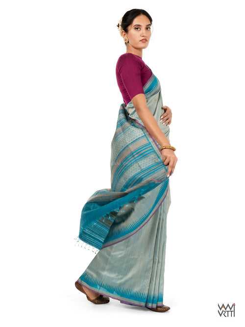 Ash Grey Firozi Nabh Handspun Tussar Silk Saree