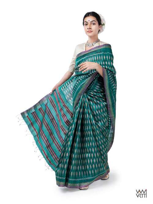 Emerald Green Kadamba Ikat Handspun Tussar Silk Saree