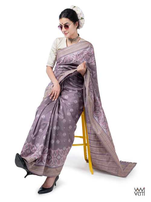 Deep Lilac Daisy GulBahaar Phool Prakritik Tea Leaf Natural Dyed Mulberry Silk Ikat Saree