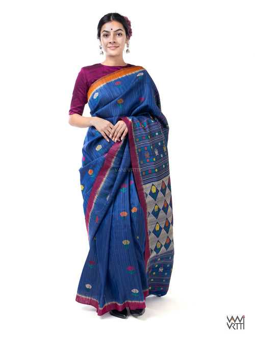 Deep Royal Blue Magenta Marigold Wild Garden Master Weave Exclusive Handspun Tussar Silk Saree