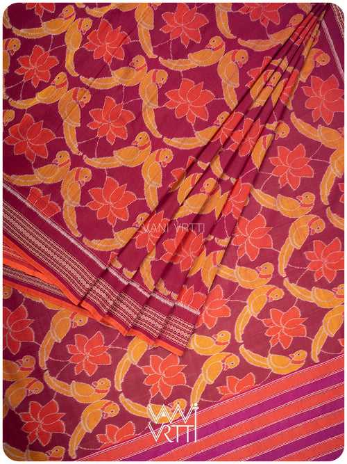 Maroon Lotus Parrot Fine Cotton Ikat Saree