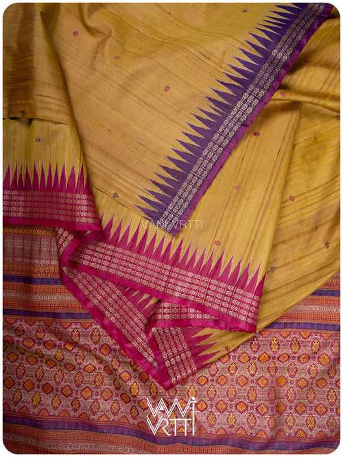 Mustard Yellow Purple Magenta Matsya Kachhap Handspun Tussar Silk Saree