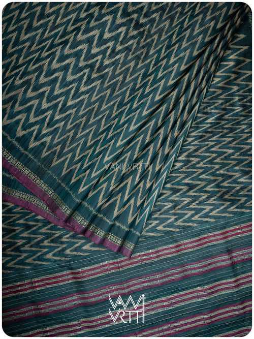 Deep Teal Aziz Ikat Handspun Tussar Silk Saree